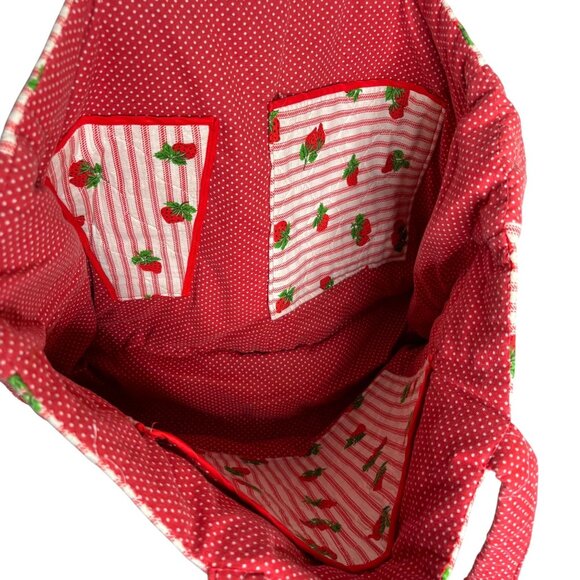 Handmade Quilted Strawberry Print Tote Bag Large Red Striped Inner Pockets - Picture 4 of 6